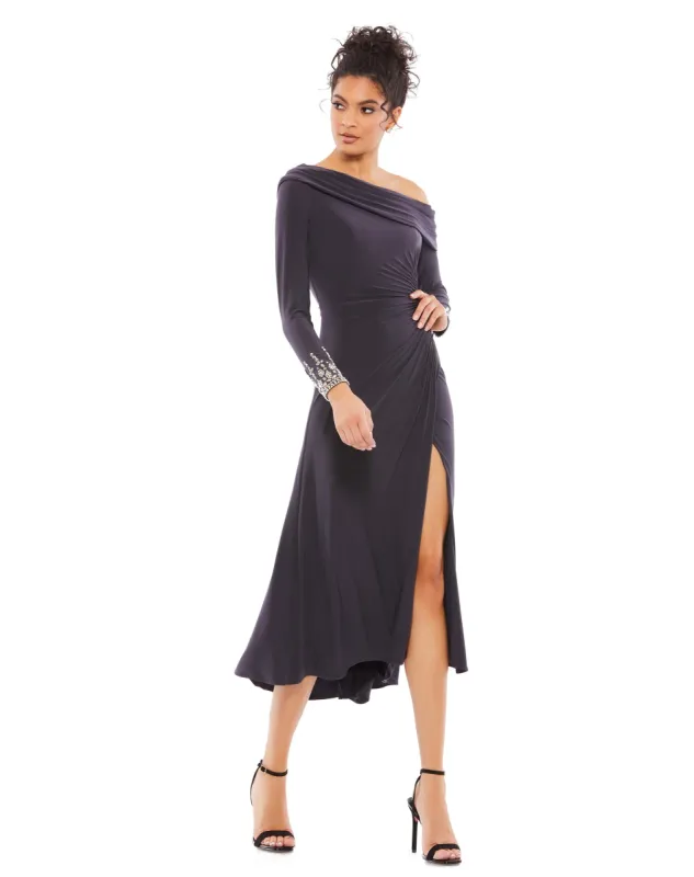 Blue Foldover Long Sleeve Jeweled Midi Dress sold by Mac Duggal