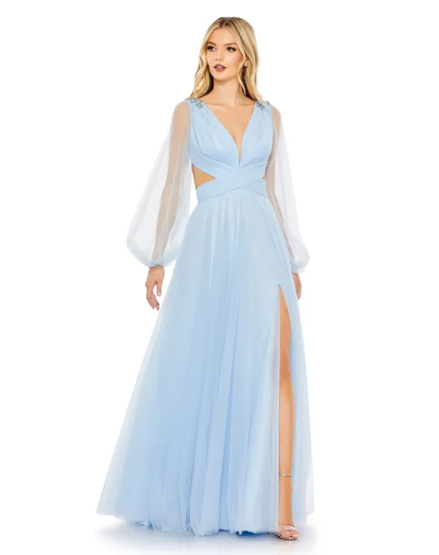 Tulle Puff Sleeve Cut Out Lace Up A Line Gown sold by Mac Duggal