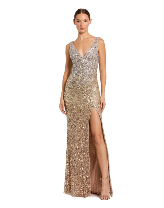 White Sequined Sleeveless V Neck Side Slit Gown sold by Mac Duggal