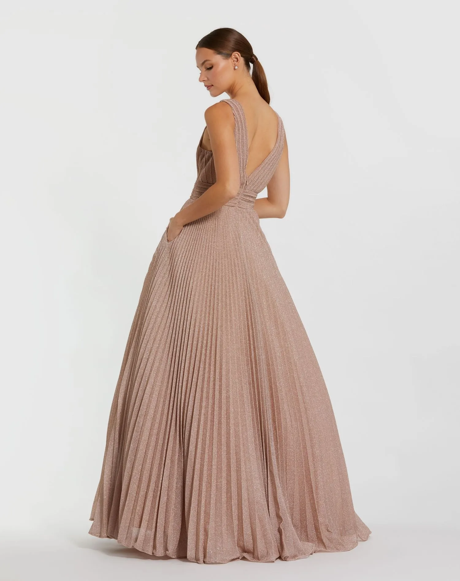 Navy Shimmering Pleated Sleeveless Gown | Parallel