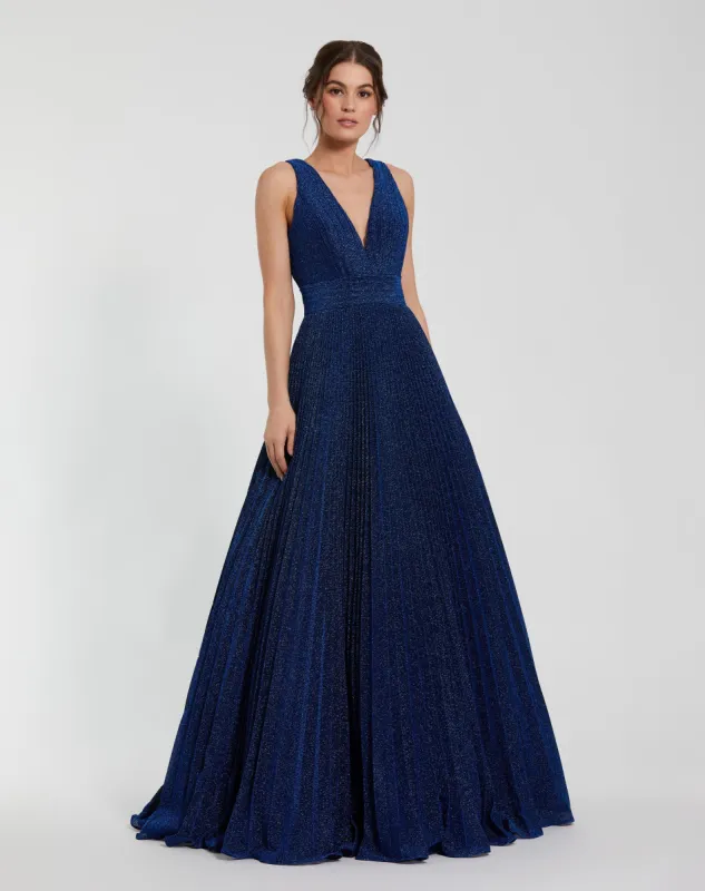 Navy Shimmering Pleated Sleeveless Gown sold by Mac Duggal