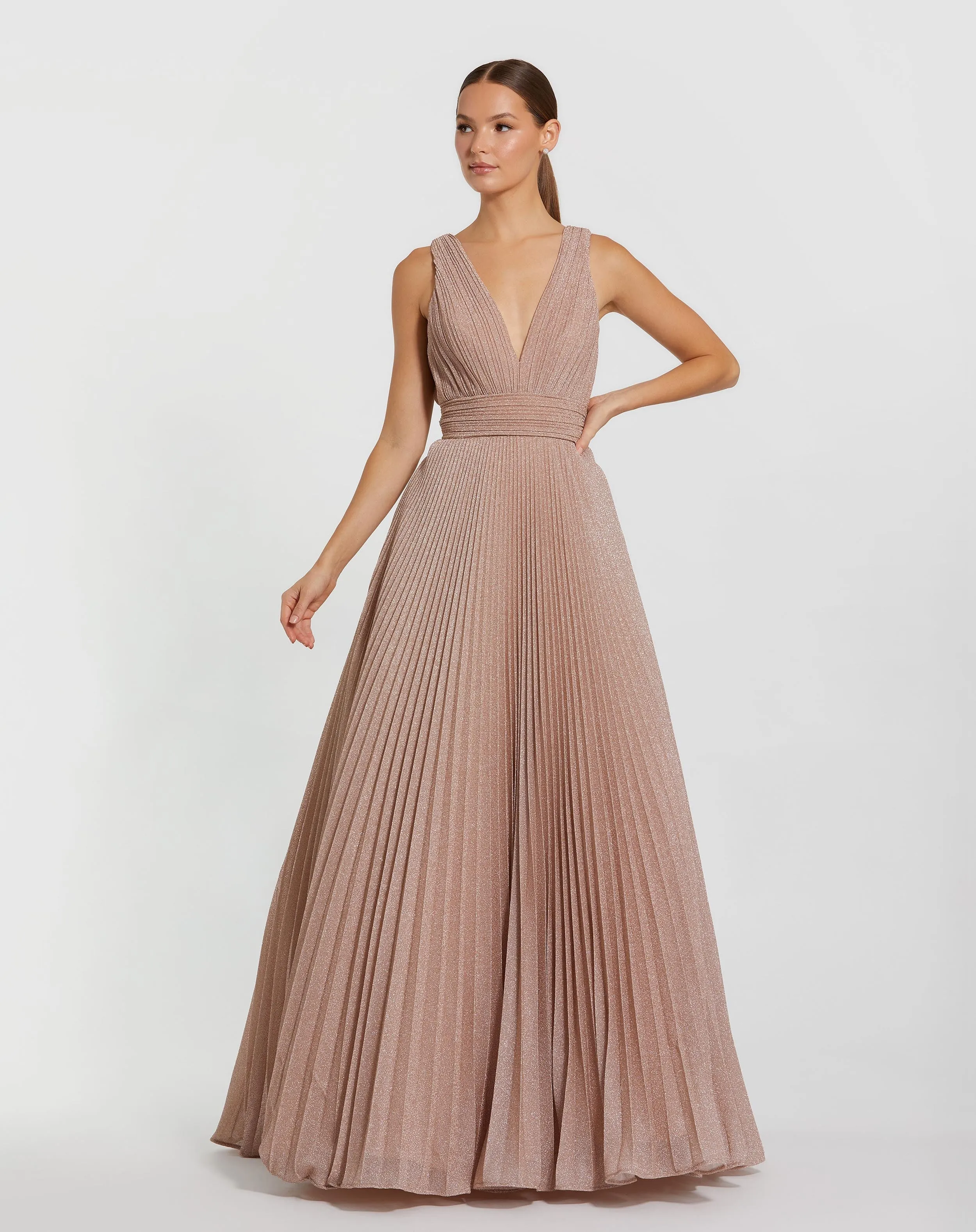 Navy Shimmering Pleated Sleeveless Gown | Parallel