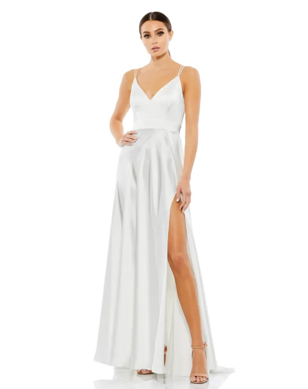White Satin Strappy-Back High Slit Gown sold by Mac Duggal