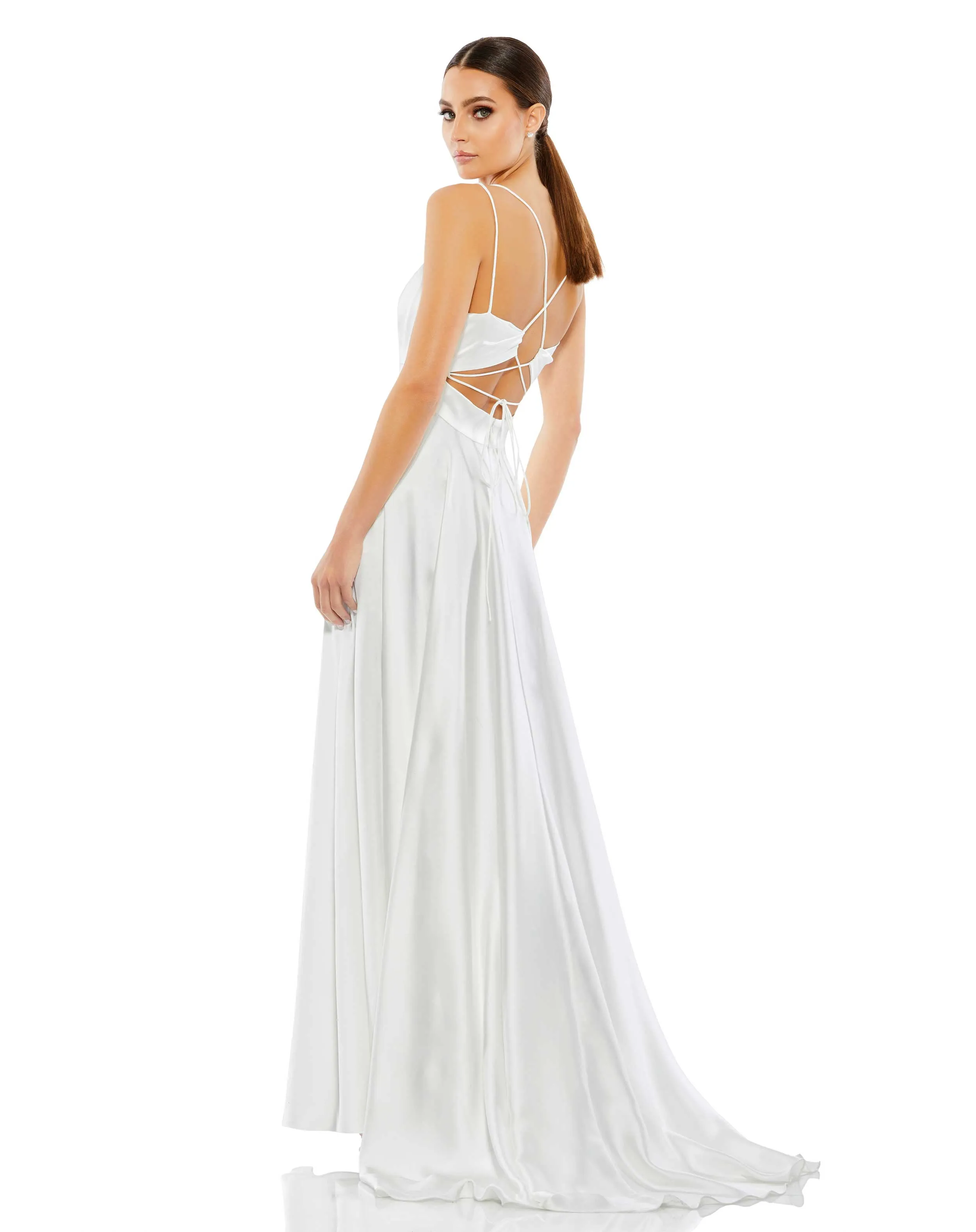 White Satin Strappy-Back High Slit Gown sold by Mac Duggal product image thumbnail 3