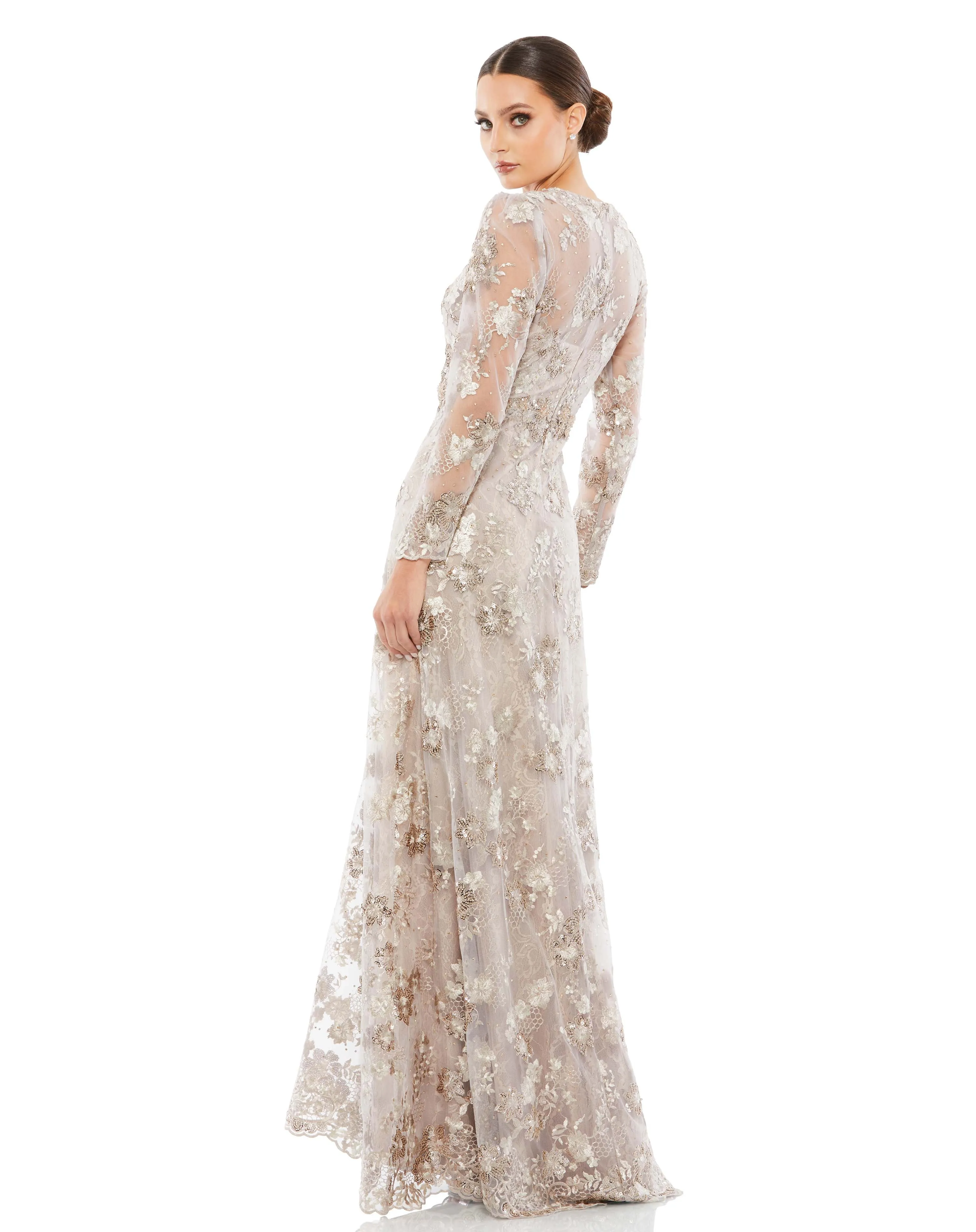 Beige Floral Embroidered Illusion Long Sleeve Evening Gown sold by Mac Duggal product image thumbnail 3