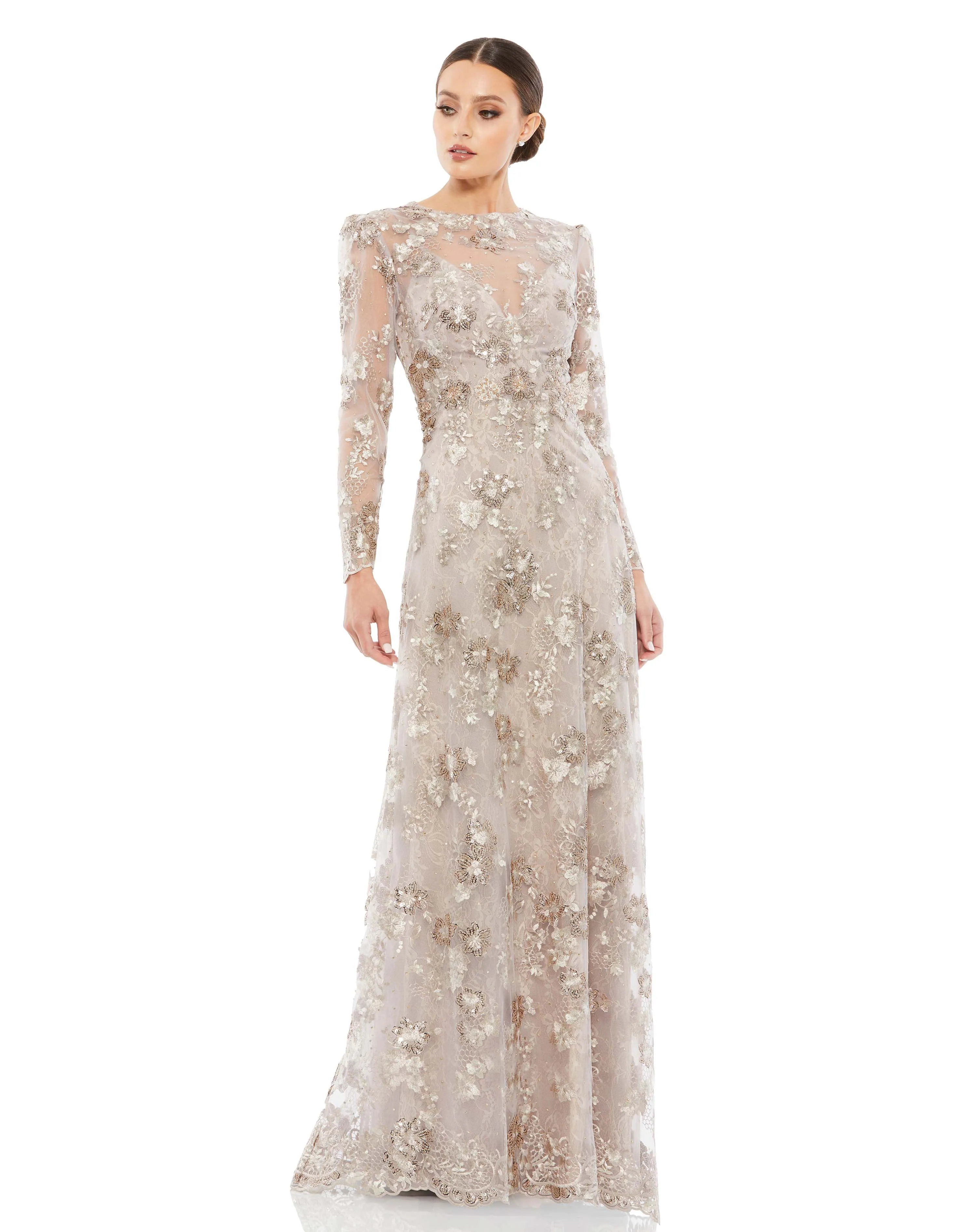 Beige Floral Embroidered Illusion Long Sleeve Evening Gown sold by Mac Duggal
