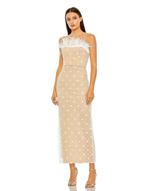 Black Embellished Feather Strapless Column Dress sold by Mac Duggal