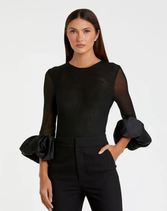 Black Mesh Long Sleeve Bodysuit With Satin Puff Sleeve - FINAL SALE sold by Mac Duggal