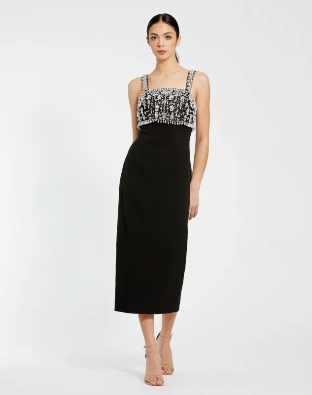 Black Wide Strap Embellished Top Midi Dress sold by Mac Duggal