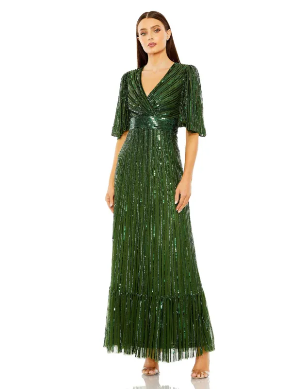 Green Flutter Sleeve Deep V Ruffle Hem Sequin Gown sold by Mac Duggal