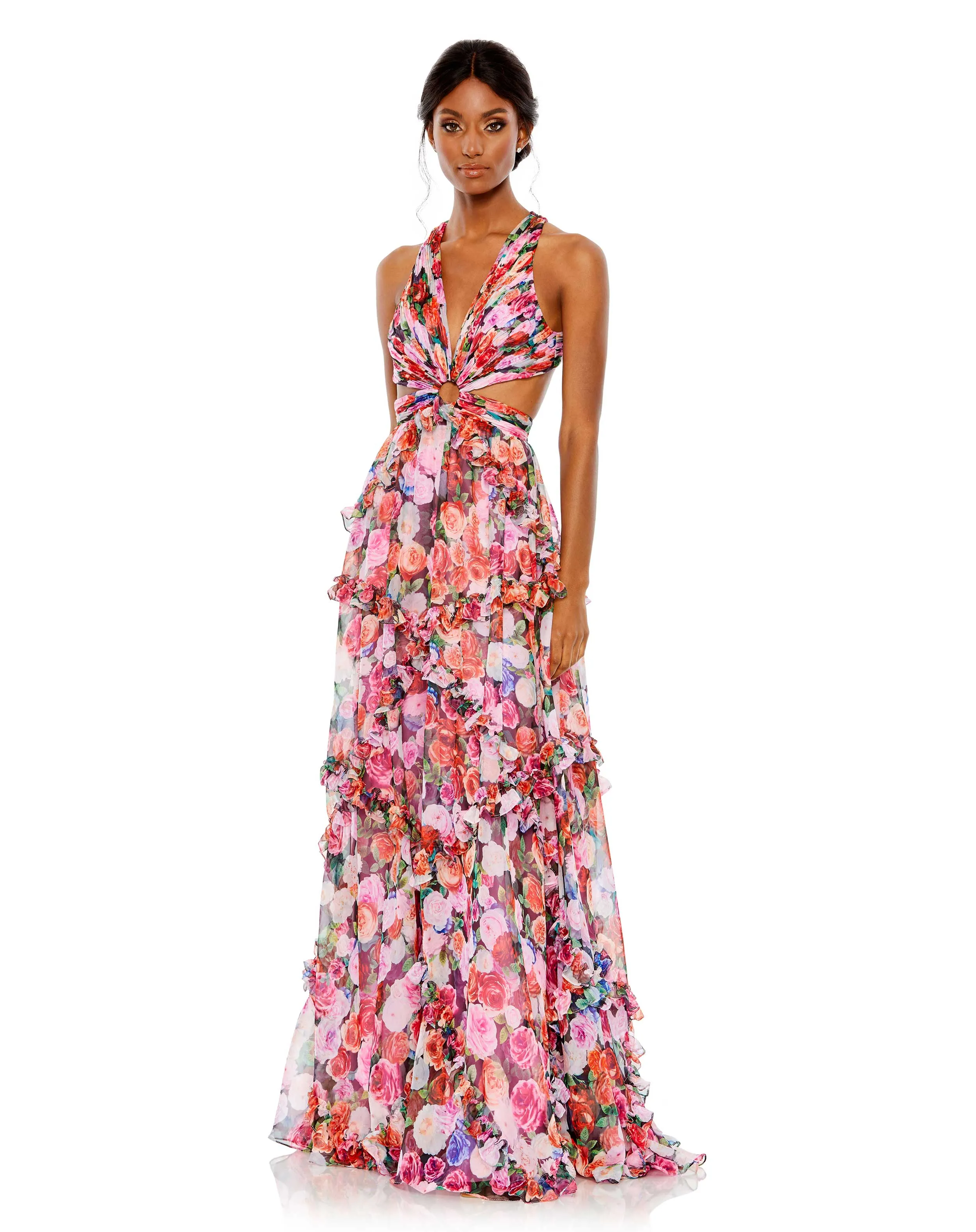 Multicolor Ruffled Cut Out Sleeveless Gown sold by Mac Duggal