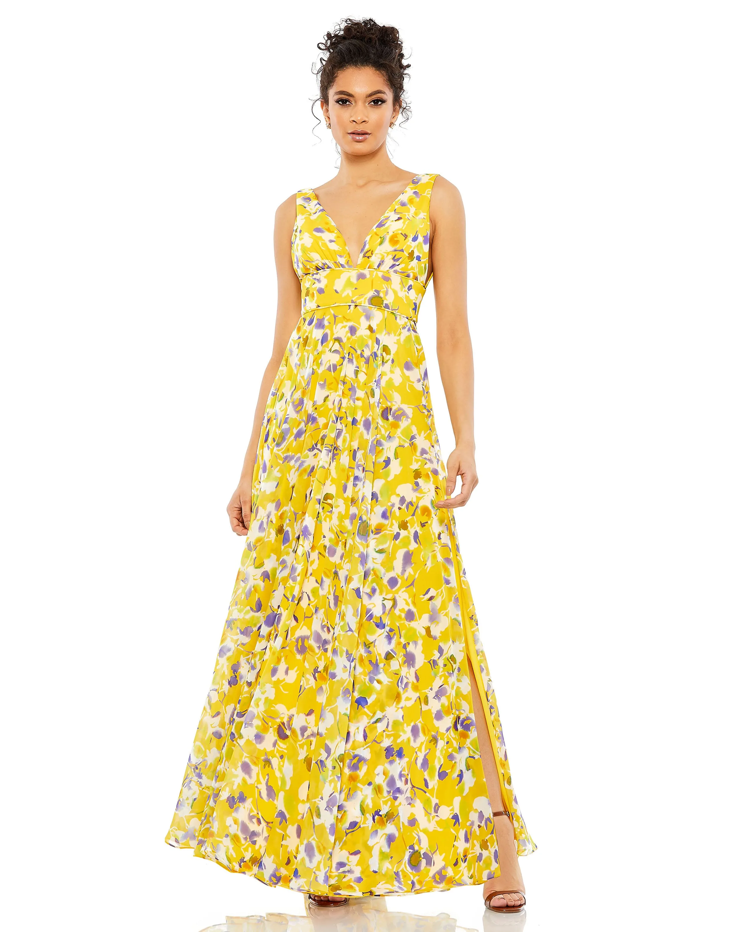 Yellow Floral Plunge V-Neck Gown sold by Mac Duggal