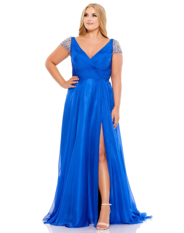 Beaded Cap Sleeve Faux Wrap Gown (Plus) sold by Mac Duggal