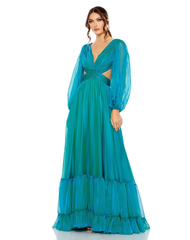 Pleated Cut Out Long Sleeve Lace Up Tiered Gown | Sample | Sz. 2 sold by Mac Duggal