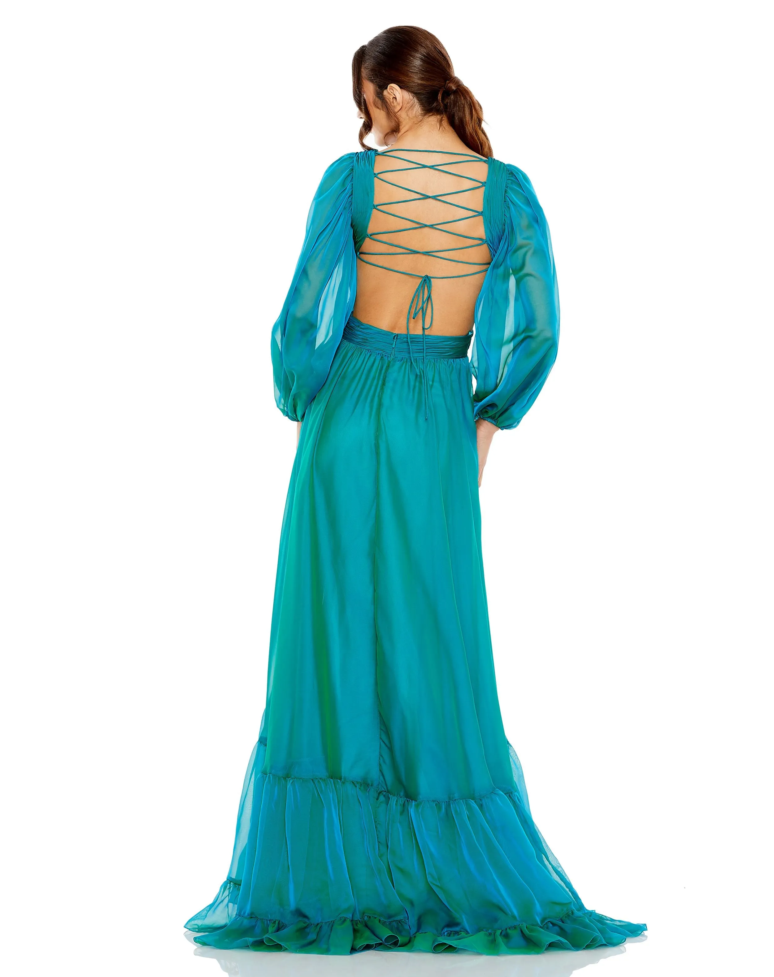 Pleated Cut Out Long Sleeve Lace Up Tiered Gown | Sample | Sz. 2 sold by Mac Duggal product image thumbnail 2