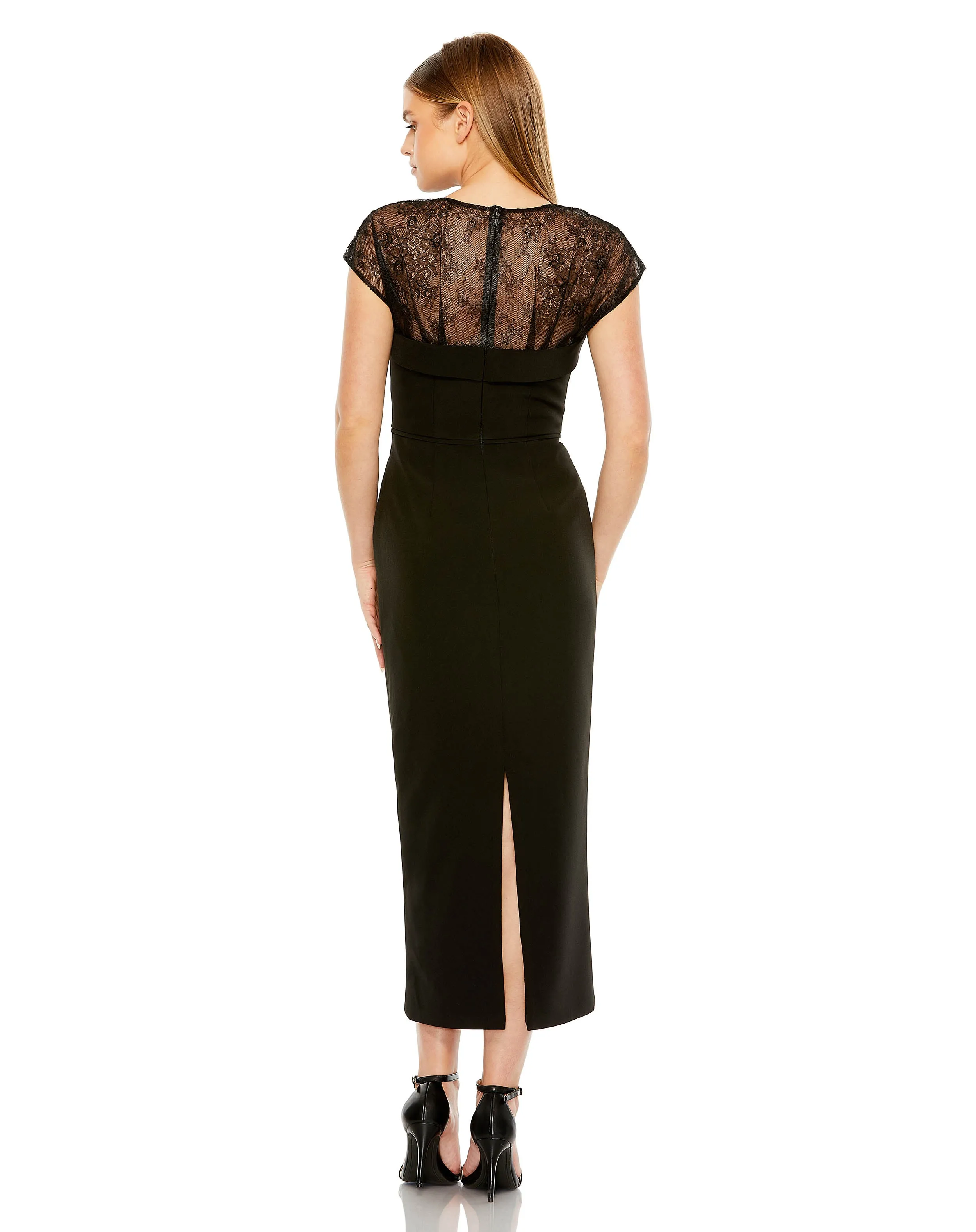 Black Sheer Lace Illusion Crepe Midi Dress sold by Mac Duggal product image thumbnail 3