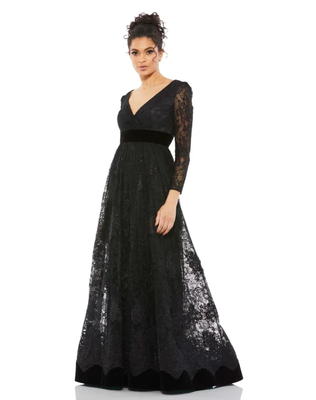Black Lace Long Sleeve V-Neck Wrap Over Gown sold by Mac Duggal