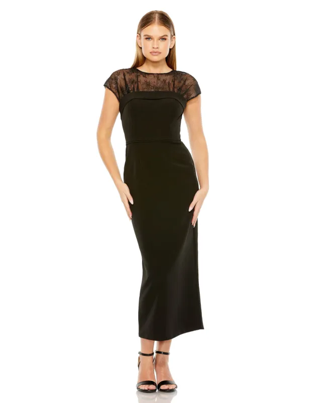 Black Sheer Lace Illusion Crepe Midi Dress sold by Mac Duggal