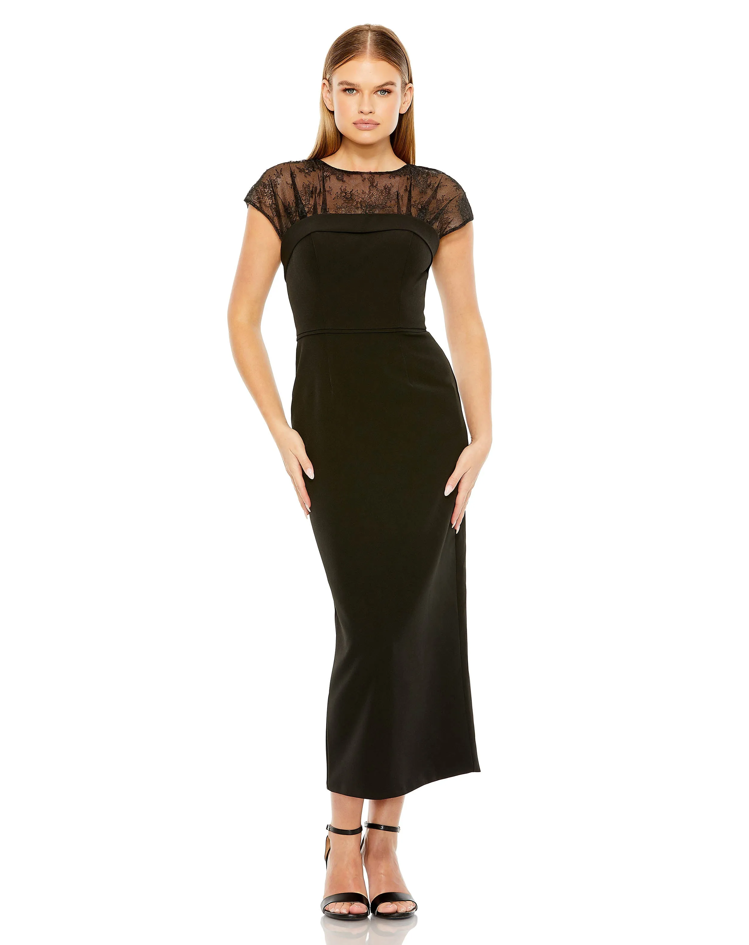 Black Sheer Lace Illusion Crepe Midi Dress sold by Mac Duggal