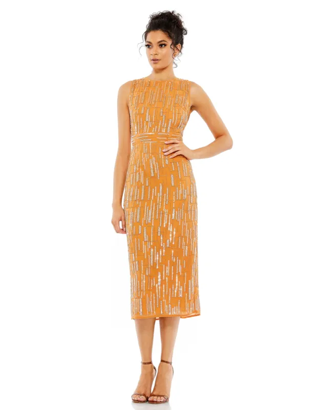 Orange Abstract Beaded Sleeveless Midi Sheath Dress sold by Mac Duggal