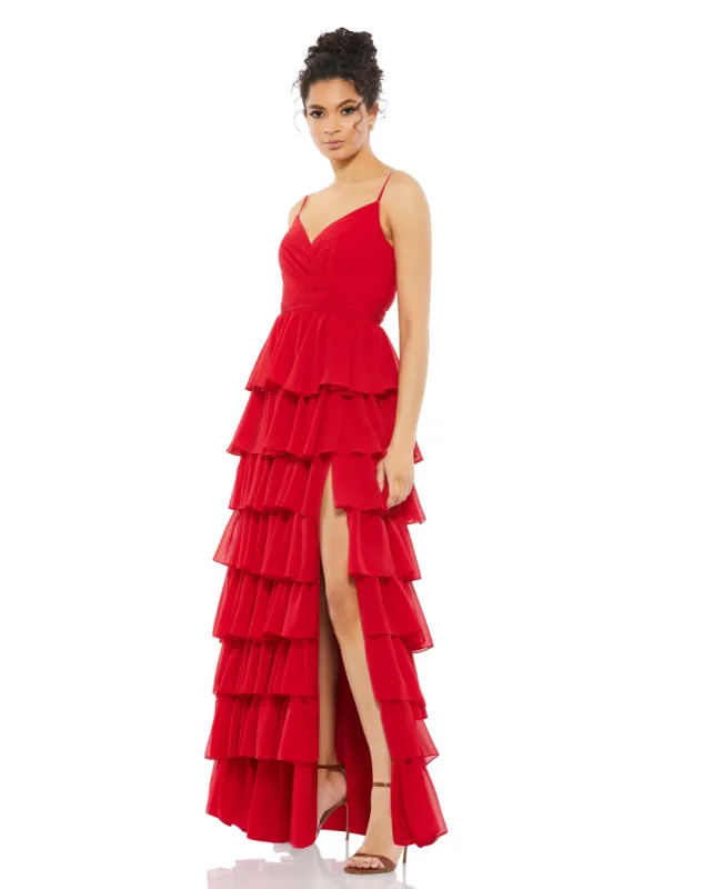 Red V-Neck Sleeveless Gown with Ruffled Skirt sold by Mac Duggal