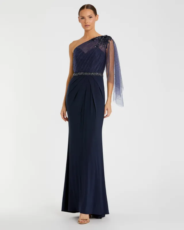 Navy Embellished One Shoulder Draped Gown sold by Mac Duggal
