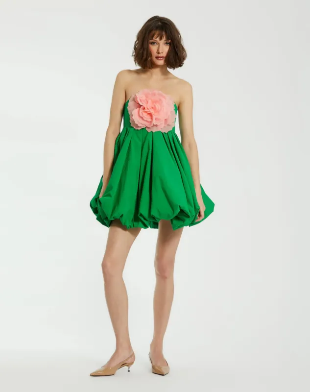Green Strapless Faille Mini Dress With 3D Flower sold by Mac Duggal