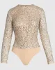 Nude Bodysuit w/ Sheer Sleeves and Silver Sequins sold by Mac Duggal