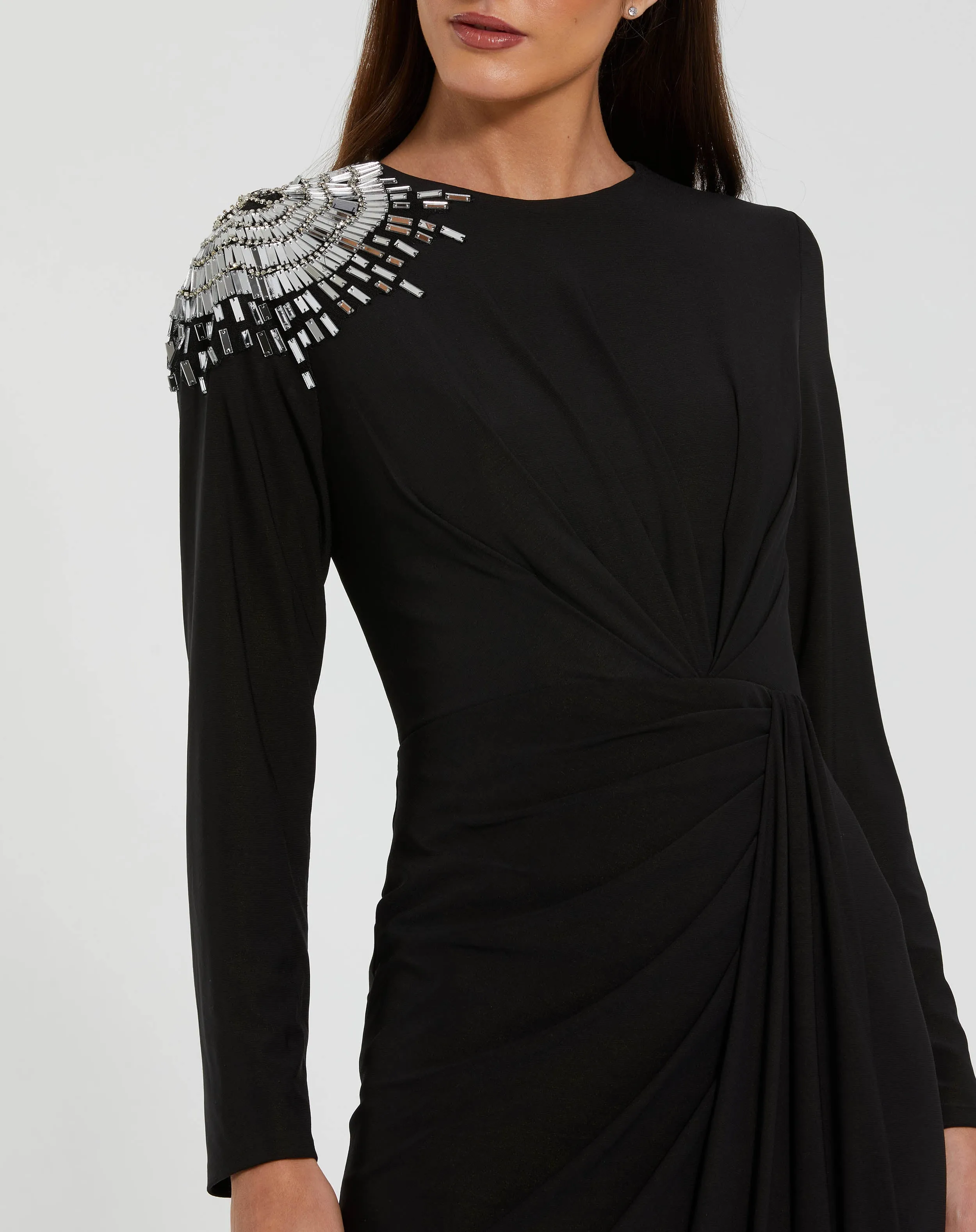 Black Jersey Long Sleeve Wrap Gown With Beaded Shoulder sold by Mac Duggal product image thumbnail 2