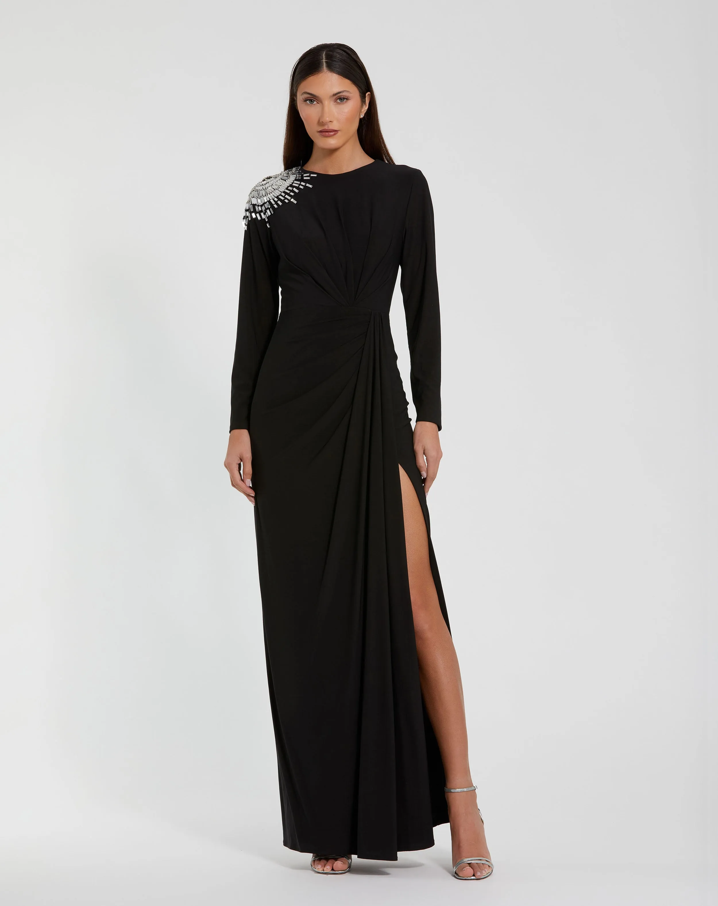 Black Jersey Long Sleeve Wrap Gown With Beaded Shoulder sold by Mac Duggal