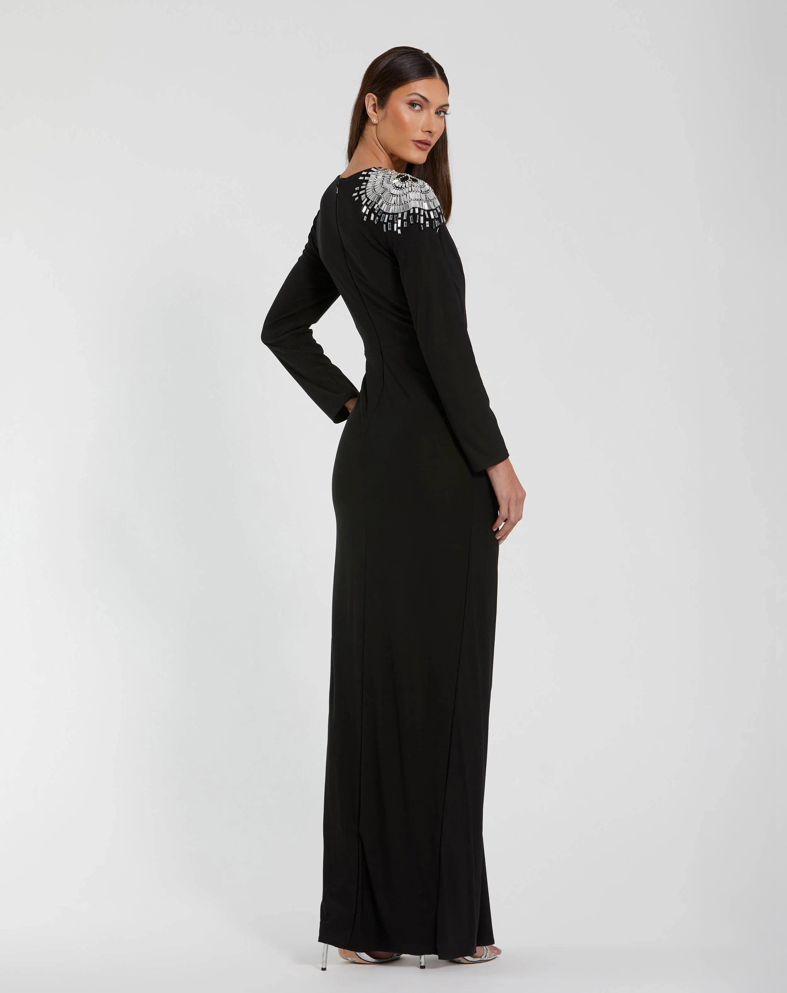 Black Jersey Long Sleeve Wrap Gown With Beaded Shoulder sold by Mac Duggal product image thumbnail 3