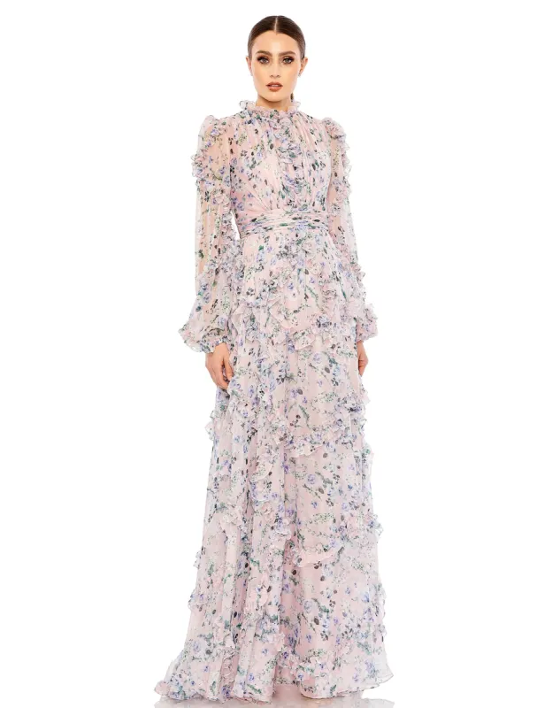 【Mac Duggal】Queen Anne パフスリーブ Aライン ドレス Pink Queen Anne Puff Sleeve A-Line Gown | Mac Duggal