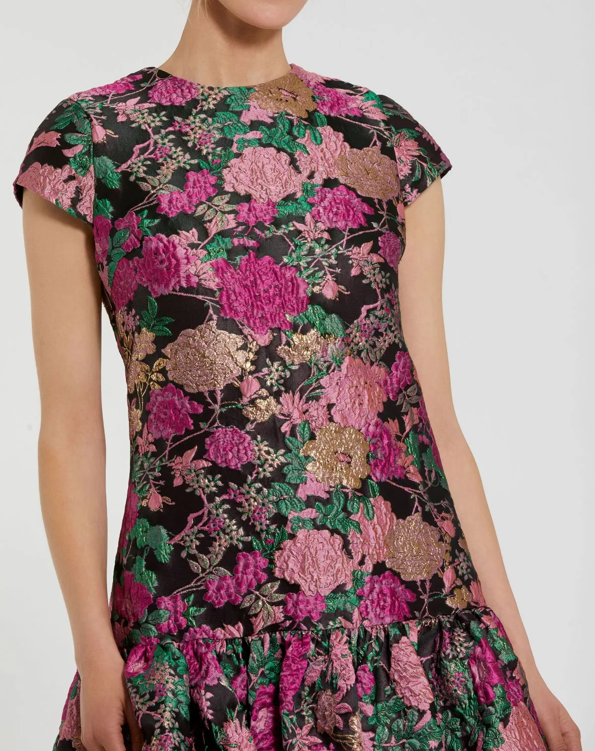 Black Brocade Cap Sleeve Mini Dress With Ruffle Hem sold by Mac Duggal product image thumbnail 2