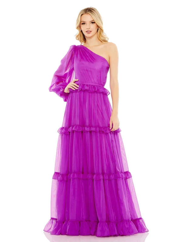 Gathered One Sleeve Ruffle Tiered Gown | Sample | Sz. 2 sold by Mac Duggal