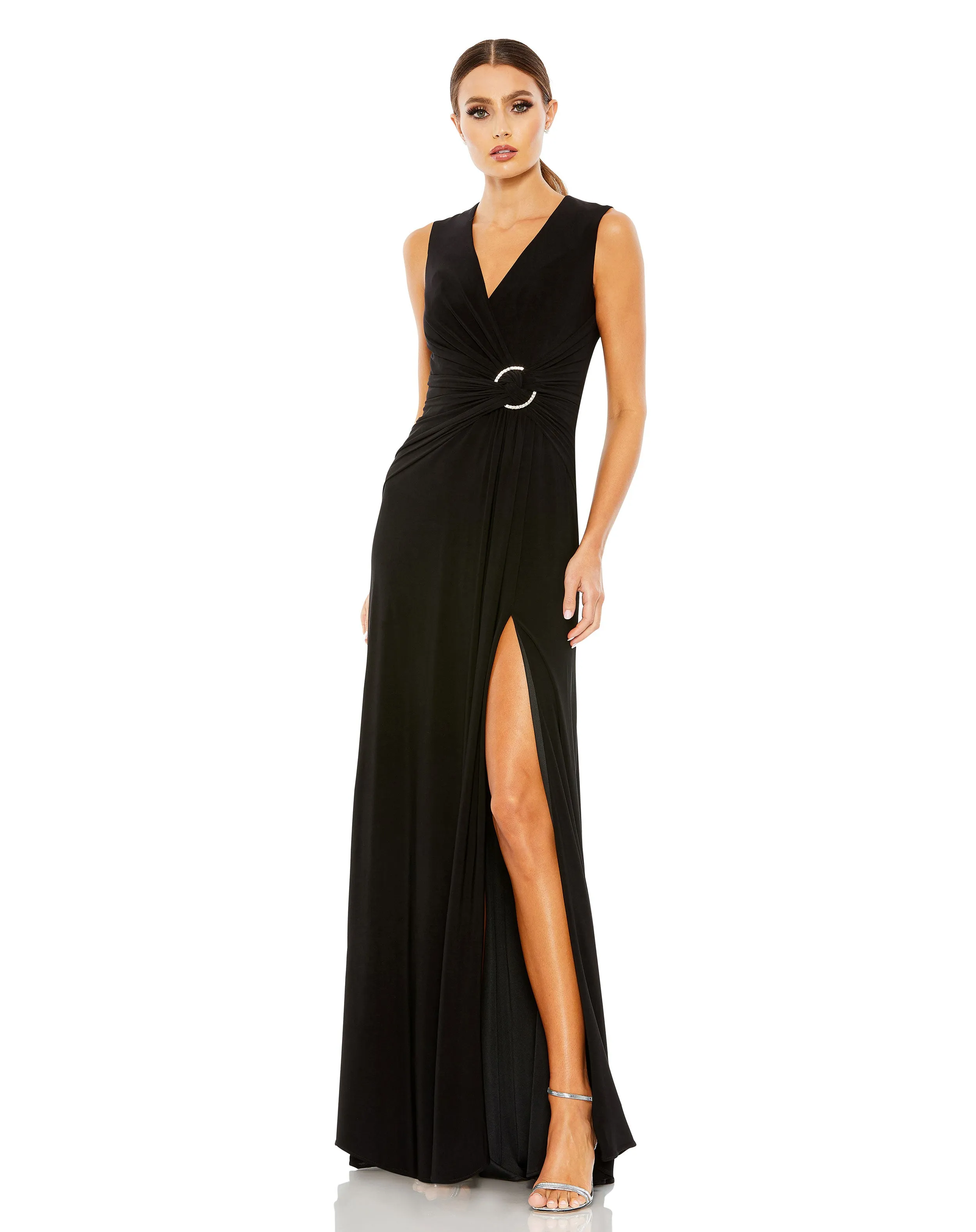 Black Draped Side Knot Jersey Gown w/ Rhinestone Ring sold by Mac Duggal