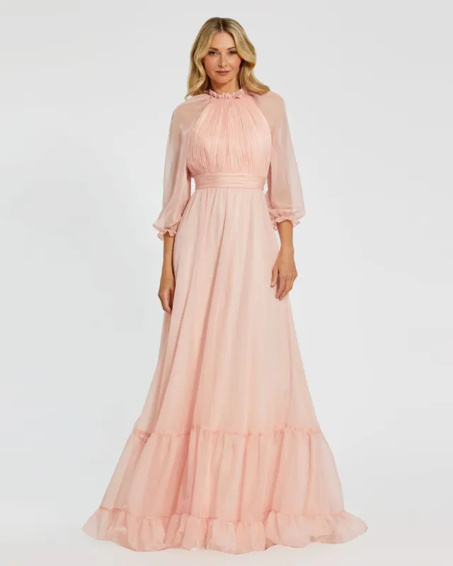 Pink Chiffon Ruched Illusion Raglan Sleeve Ruffled Gown sold by Mac Duggal
