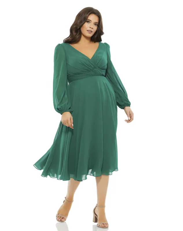 Green Chiffon Bishop Sleeve Surplice Dress (Plus) sold by Mac Duggal