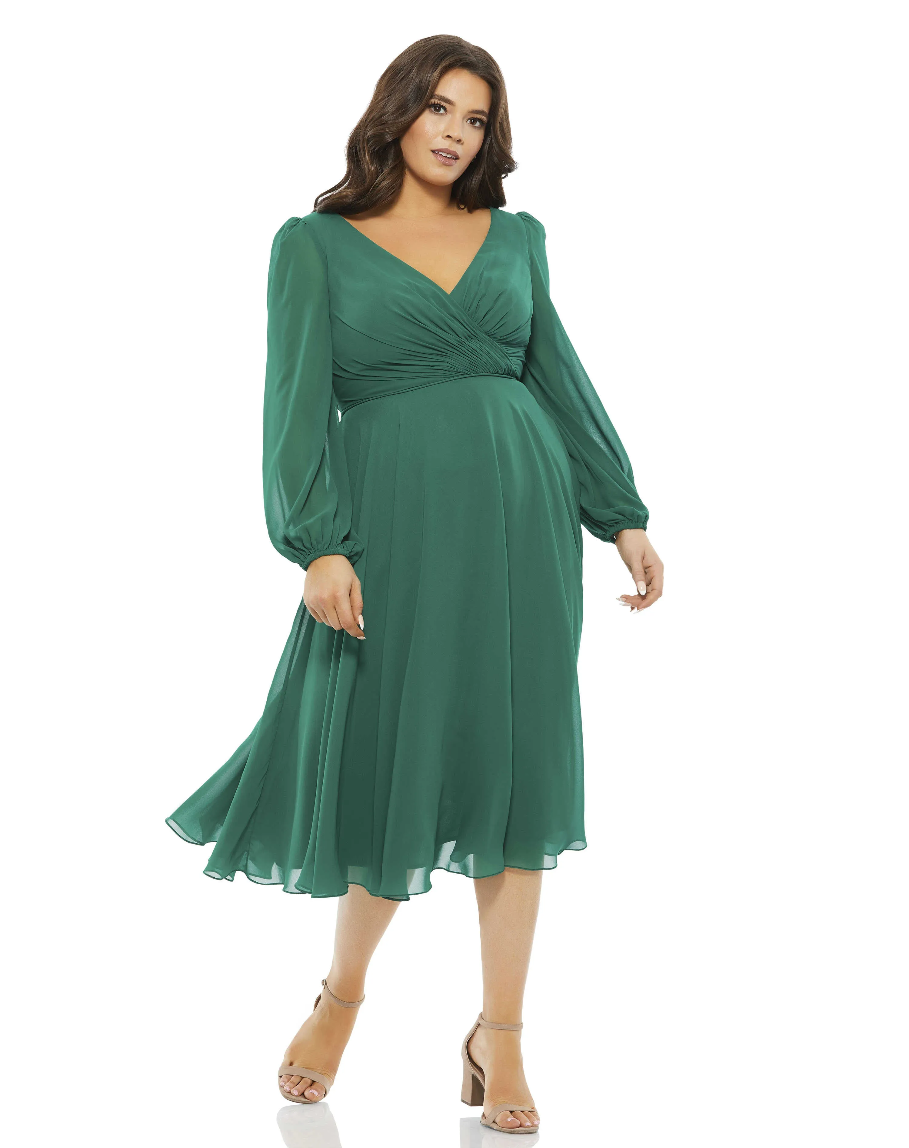 Green Chiffon Bishop Sleeve Surplice Dress (Plus) sold by Mac Duggal
