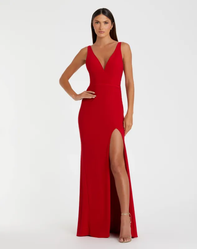 Red Plunge Neck High Slit Gown sold by Mac Duggal