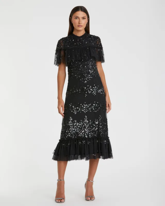 Black Sequined High Neck Ruffled Midi Dress sold by Mac Duggal