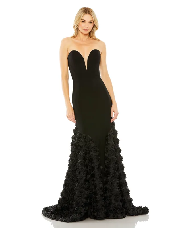 Black Jersey Mermaid Gown with 3D Rose Train sold by Mac Duggal