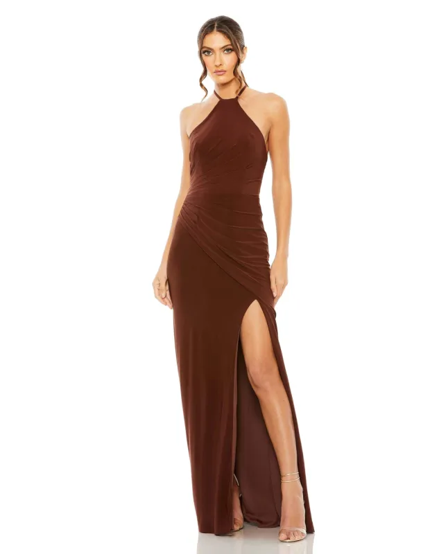 High Neck Side Ruched Slit Gown | Sample | Sz. 2 sold by Mac Duggal