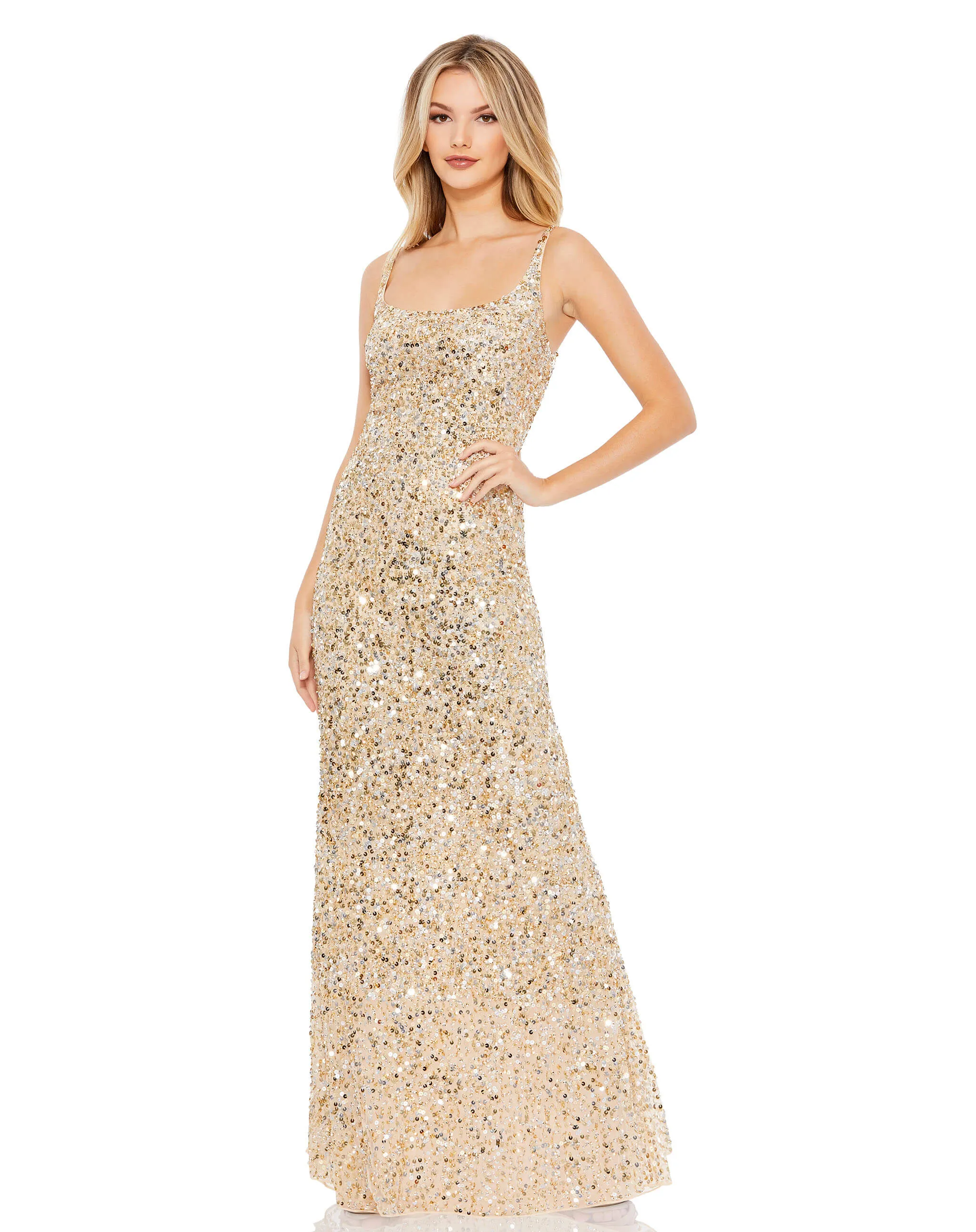 Gold Sequined Low Back Slip Gown sold by Mac Duggal