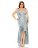 Gray Ruched Ruffle Sleeve High Low Gown sold by Mac Duggal