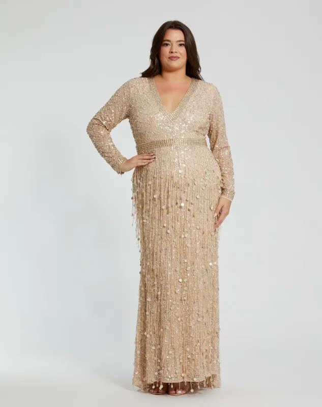Beige Embellished Fringe Long Sleeve Gown (Plus) sold by Mac Duggal