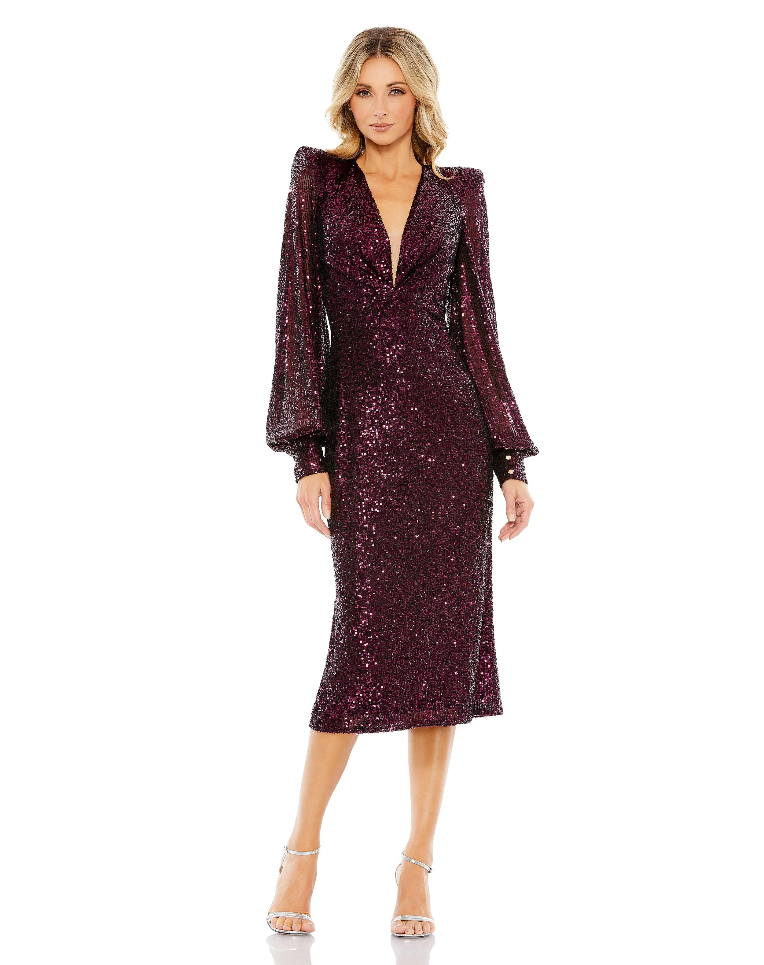 Purple Sequined Structured Bishop Sleeve Midi Dress sold by Mac Duggal product image thumbnail 4