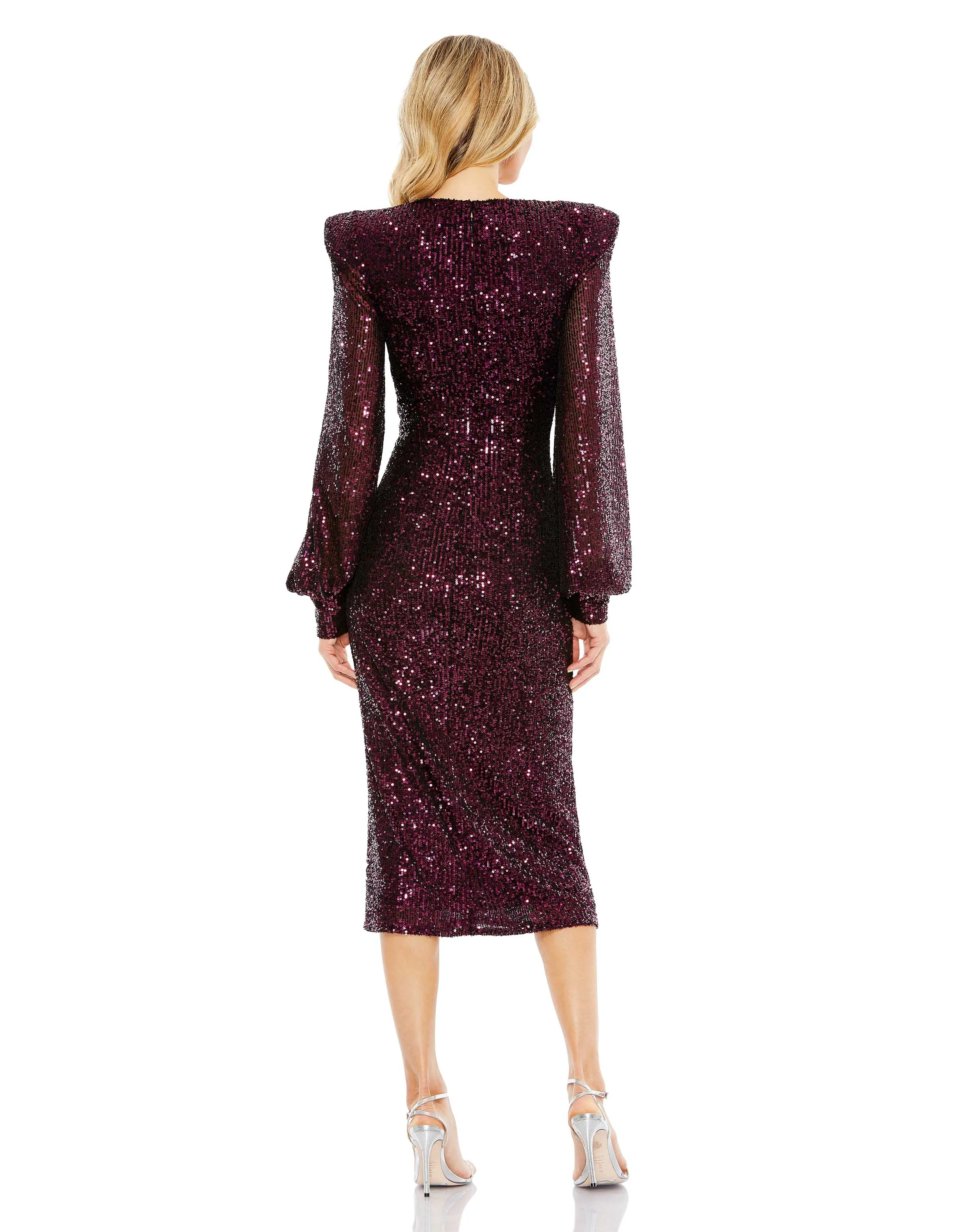 Purple Sequined Structured Bishop Sleeve Midi Dress sold by Mac Duggal product image thumbnail 5
