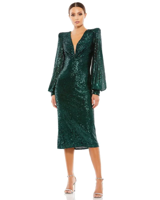 Purple Sequined Structured Bishop Sleeve Midi Dress sold by Mac Duggal