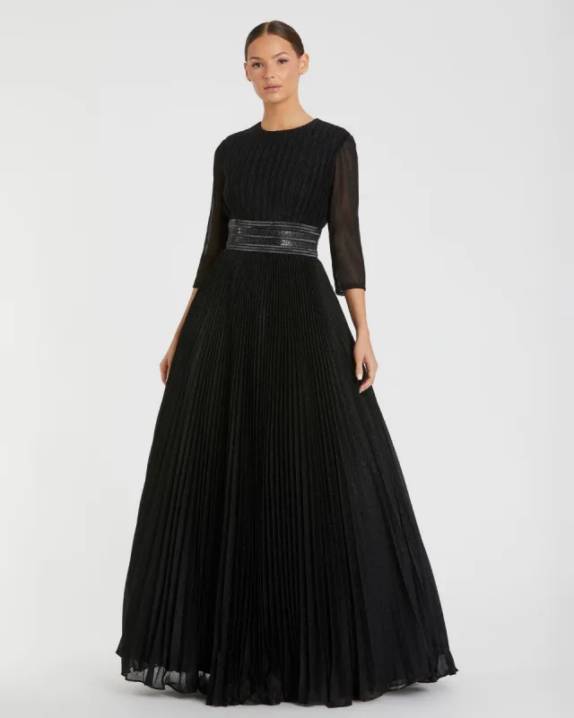 Black Shimmering Pleated A-Line 3/4 Sleeve Gown sold by Mac Duggal
