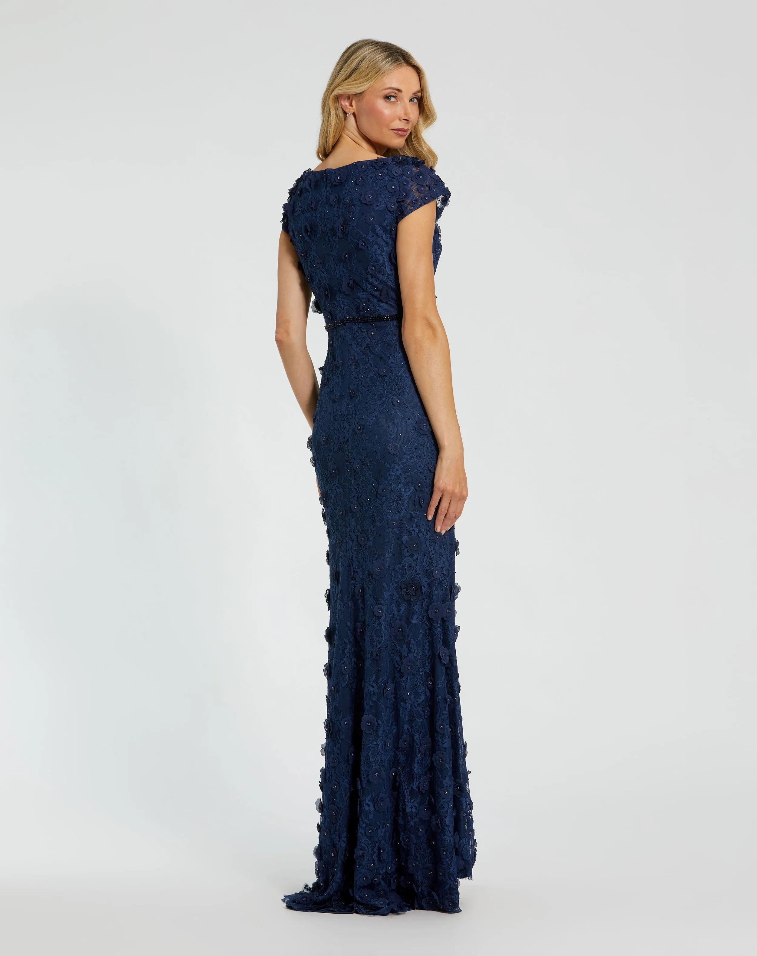 Navy Floral Applique Boat Neck Cap Sleeve Gown sold by Mac Duggal product image thumbnail 3